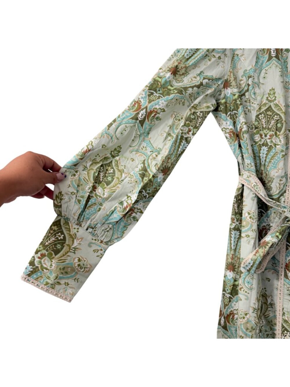 NEW Trish Scully Green Paisley Belted Long Sleeve Maxi Shirt Dress Womens Large - Picture 4 of 9